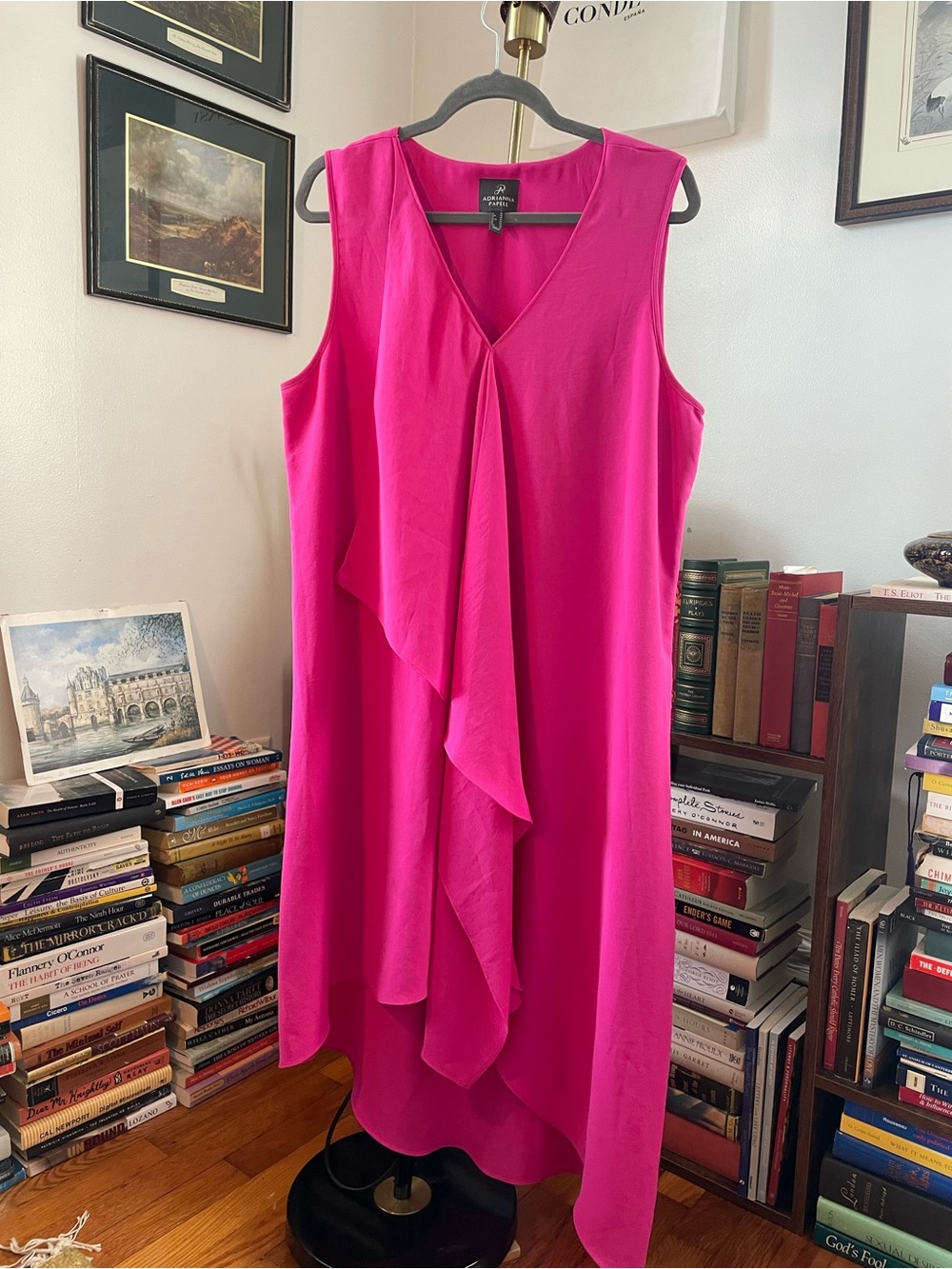 Adrianna Papell Sleeveless V-Neck Ruffle Midi Dress - Bright Pink
